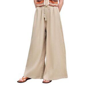 Cider Palazzo Pants Size Small Crinkle Pull On Wide Leg Gauze Tassel Tie Neutral